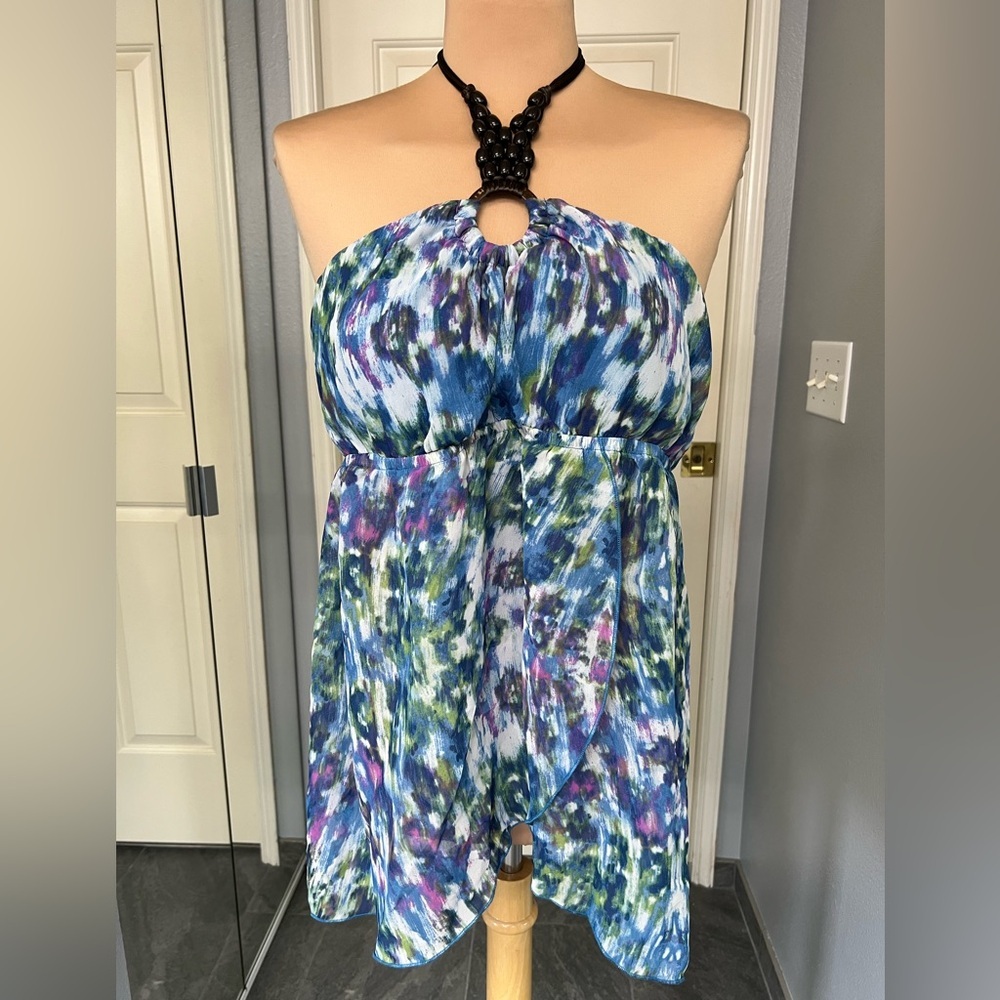 Women's Babydoll Boho Fairy Grunge Y2K Halter Top Abstract Print Beaded Size XL